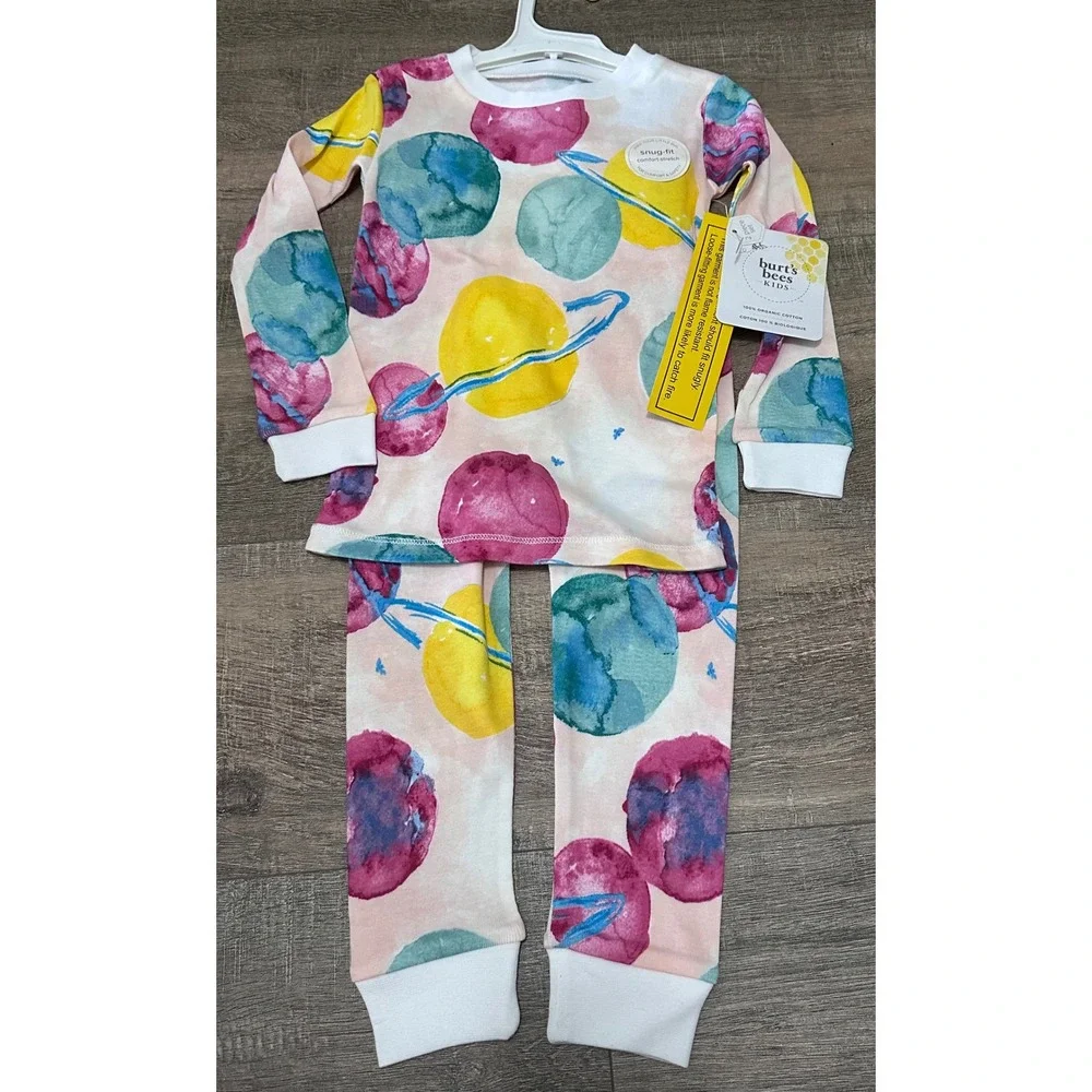 Burt's Bees Kids Organic Cotton Pajamas 3T Snug Fit Space Planet Watercolor Set